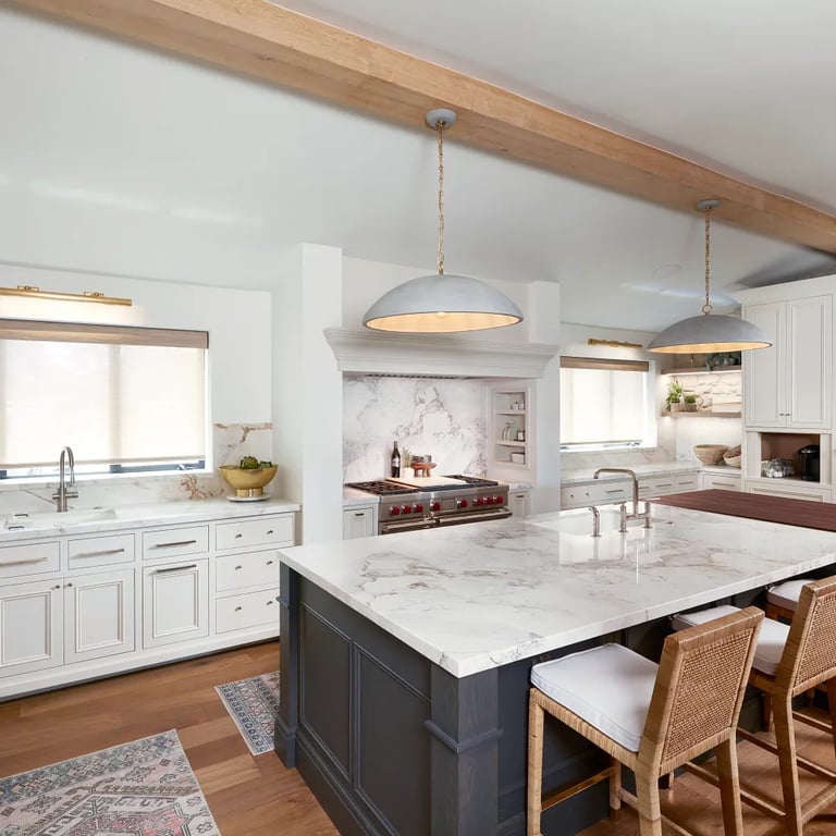 Calacatta Capixaba Marble on counters, backsplash, and kitchen island