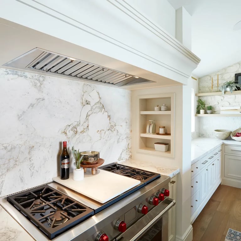 Calacatta Capixaba Marble on backsplash and counters in kitchen