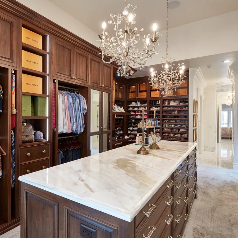 Calacatta Gold marble on dresser in master bedroom walk-in closet.