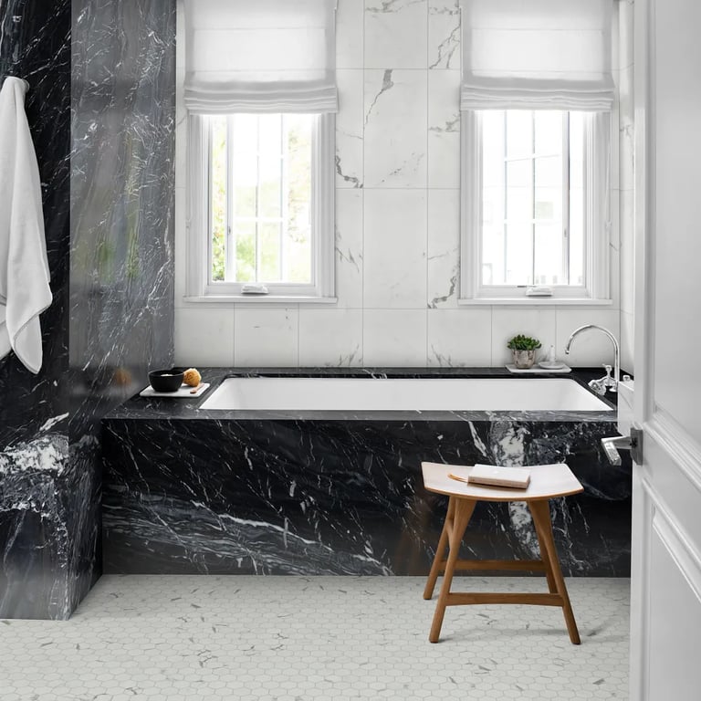 Fantasy Black (tub surround/wall), Marvel Statuario Supremo Matte 12 x 24 (wall) & Marvel Statuario Supremo Matte Small Hex 2-5/8 Mesh (floor)