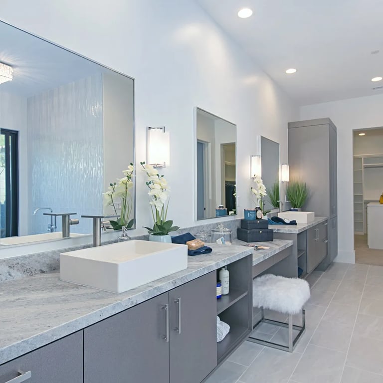 Fantasy Blue Satin (counters) & Cosmic White 12 x 24 (floor)