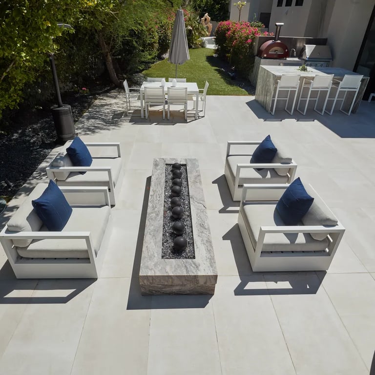 Fantasy Brown Polished Marble (firepit) & Reside Beige 24 x 48 R11 Finish Porcelain (patio floor)