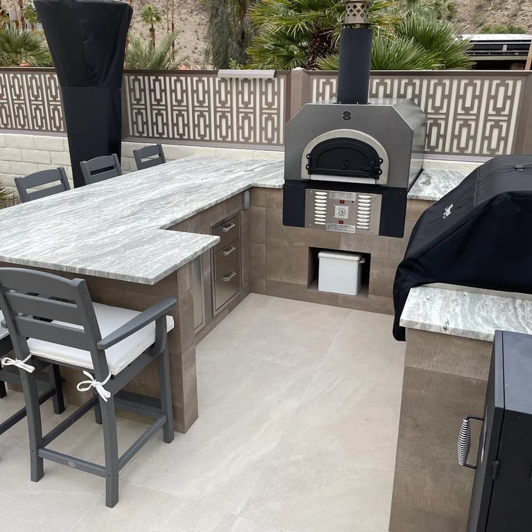 Fantasy Brown Satin, Pietra Italia White 24 x 48 R11 Finish (floor) & Reside Brown 12 x 24 (outdoor kitchen island walls)