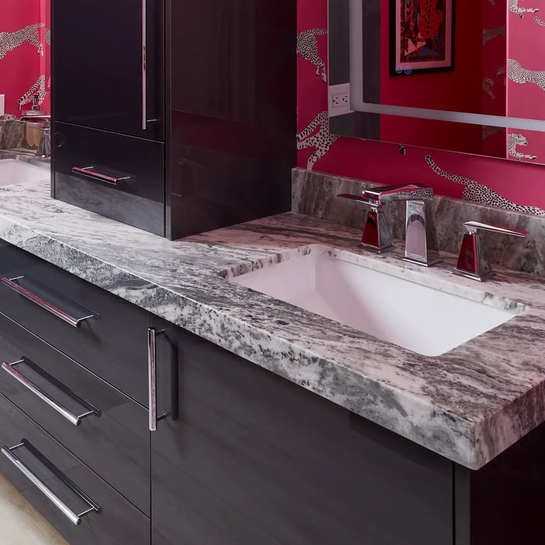 Fantasy Brown Satin Marble vanity in fun bathroom.