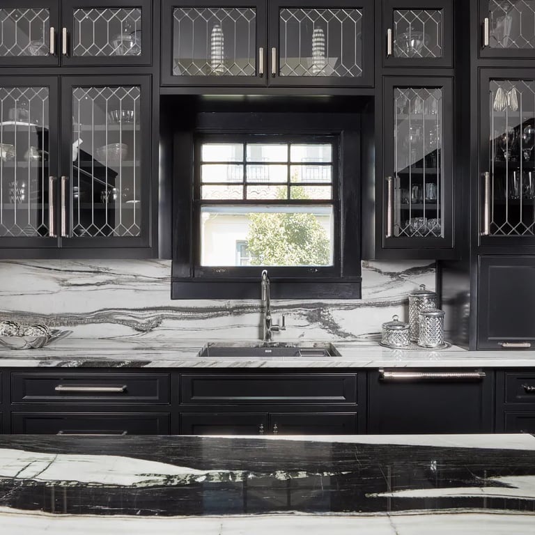 Fantasy Zebra Polished marble on backsplash and counters in kitchen.