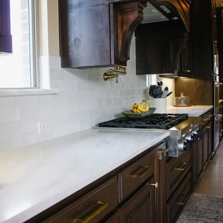 Imperial Danby Honed (counter) & Flash White 3 x 12 (backsplash)