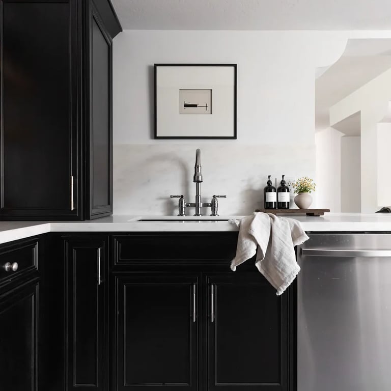 Olympian White Honed marble on counters and backsplash in kitchen.