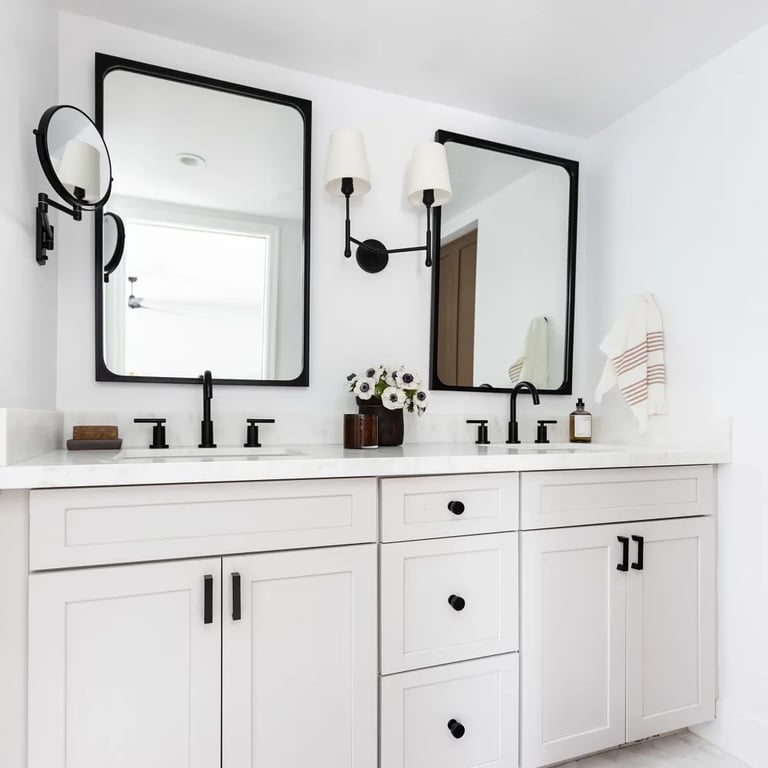 Olympian White Honed marble on vanity countertop in master bathroom.
