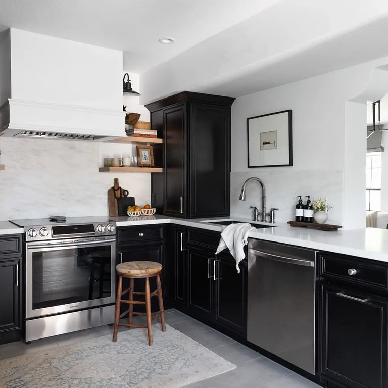 Olympian White Honed marble on counters and backsplash in kitchen.
