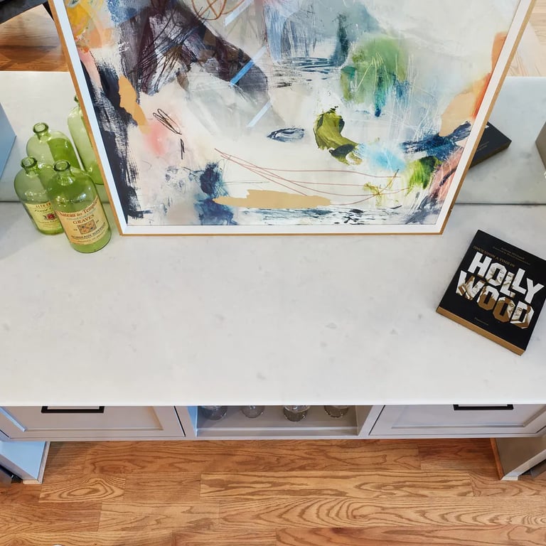Opal White Polished marble on dry bar countertop in rec room.