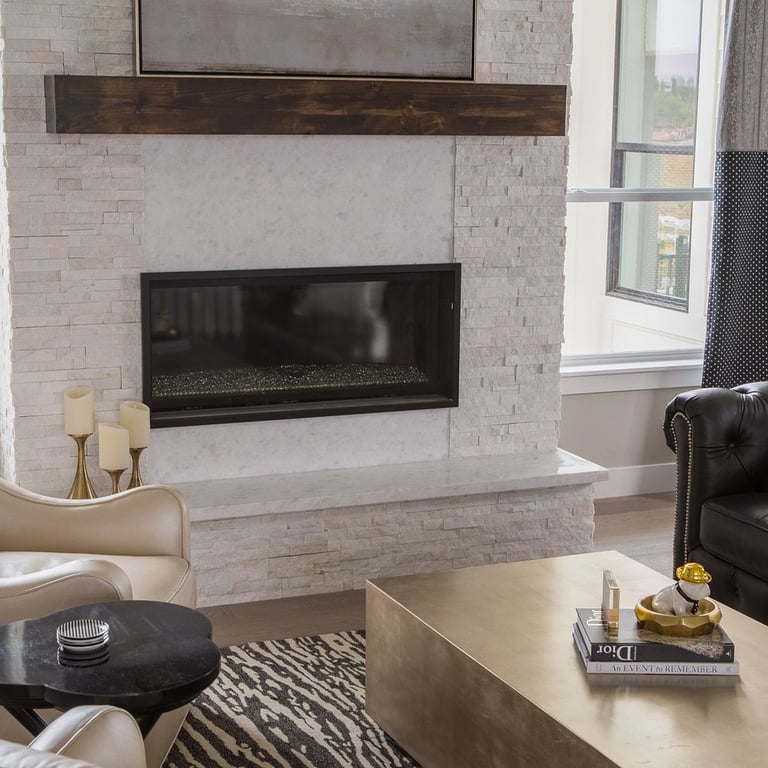 Opal White Polished (center) & Secil White Split 3D Stack (sides & hearth)