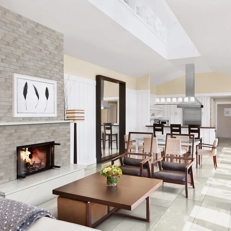 Azzurra Bay (fireplace hearth/shelf), Glam Taupe Matte 2-1/4 x 9-1/2 (fireplace) & Ege Royale Sandblasted/Brushed 18 x 36 (floor)