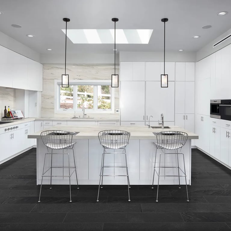 Bella Polished (counters/backsplash) & Fluida Carbo 8 x 48 (floor)