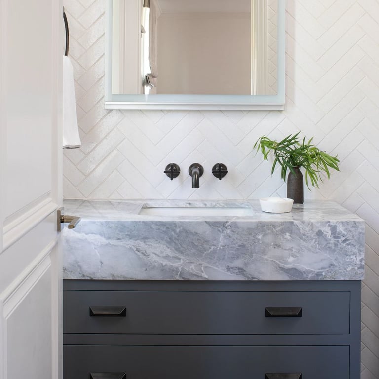 Blue Tahoe Satin (counter) & Lagos Mud 4 Hex (floor)