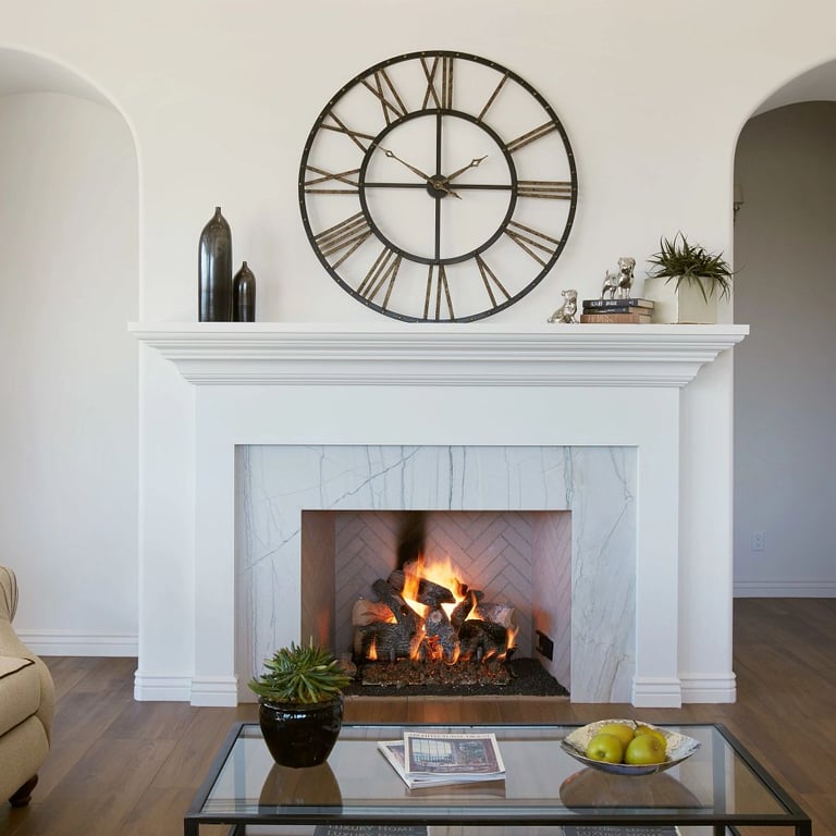 Calacatta Quartzite Polished (fireplace) & Aequa Castor 12 x 48 (floor)