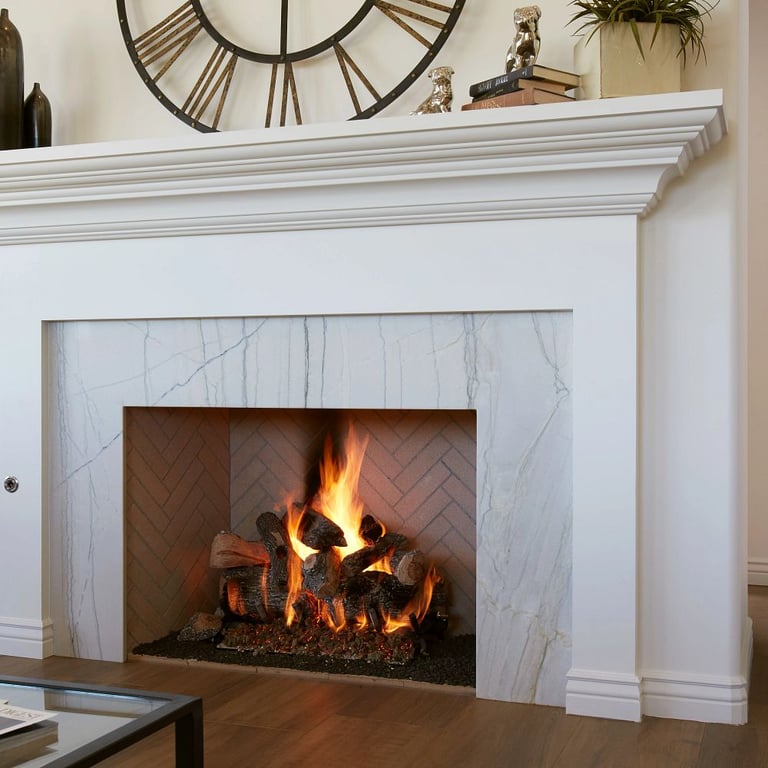 Calacatta Quartzite Polished (fireplace) & Aequa Castor 12 x 48 (floor)