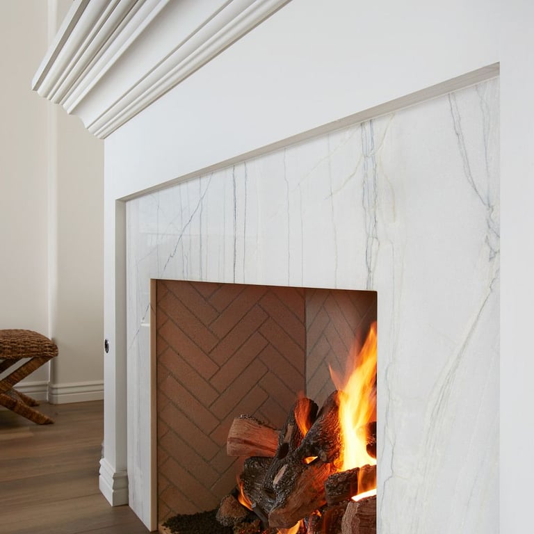 Calacatta Quartzite Polished (fireplace) & Aequa Castor 12 x 48 (floor)