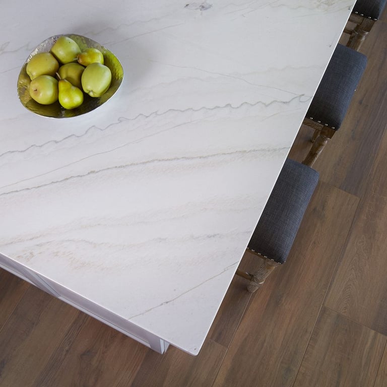 Calacatta Quartzite Polished (counter) & Aequa Castor 12 x 48 (floor)