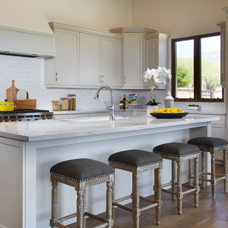 Calacatta Quartzite Polished (counter) & Aequa Castor 12 x 48 (floor)