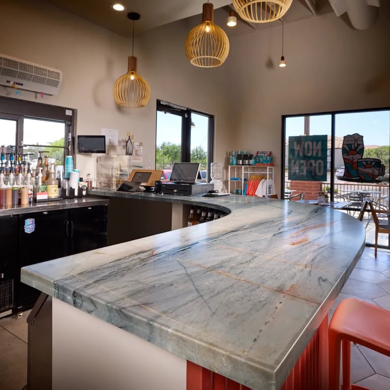 Ijen Blue Polished (bar top) & Icon Smoke Matte Hex 20 x 24 (floor)