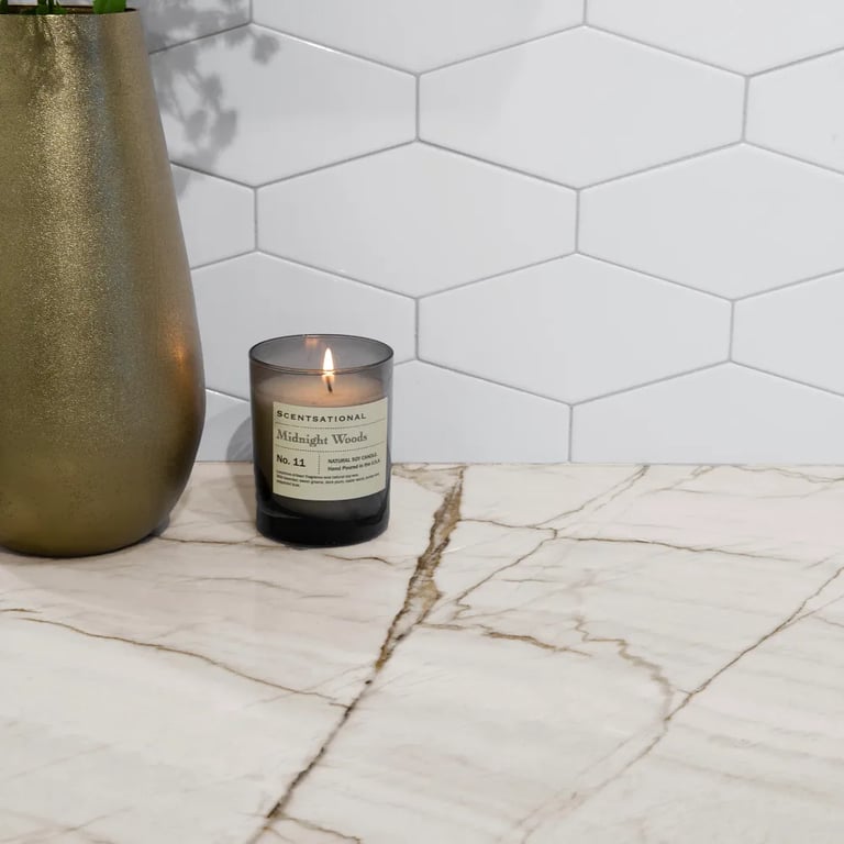 Lavezzi Polished (counter) & Paloma Cotton Glossy Long Hex 4 x 8 (backsplash)