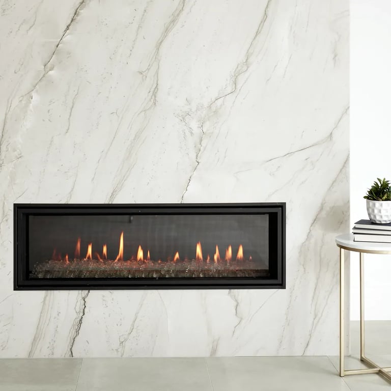 Mont Blanc quartzite & Reside Beige USA 24 x 48 (cut to 24 x 24) porcelain tile in living room.