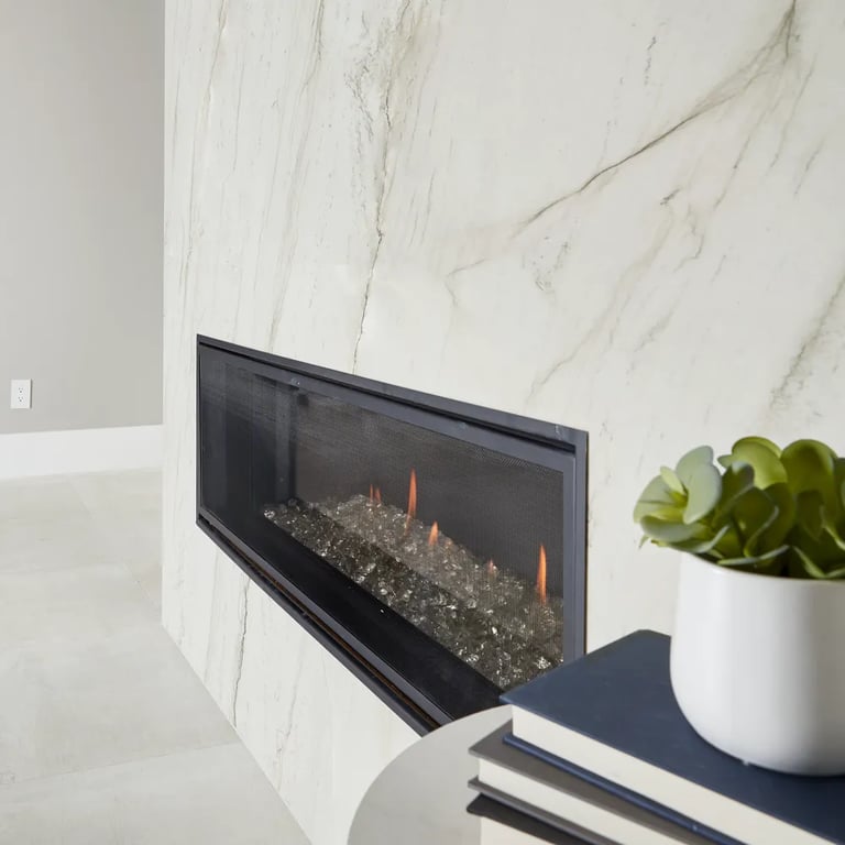 Mont Blanc quartzite & Reside Beige USA 24 x 48 (cut to 24 x 24) porcelain tile in living room.