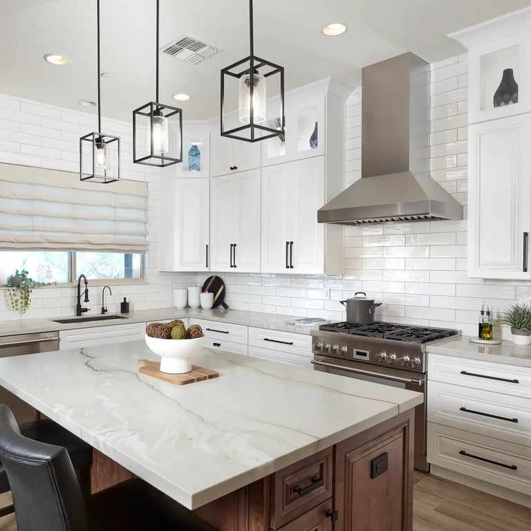 Mont Blanc Polished Quartzite (countertop), Gioia Milk 4 x 16 (backsplash) & Aequa Tur 8 x 32 (floor)