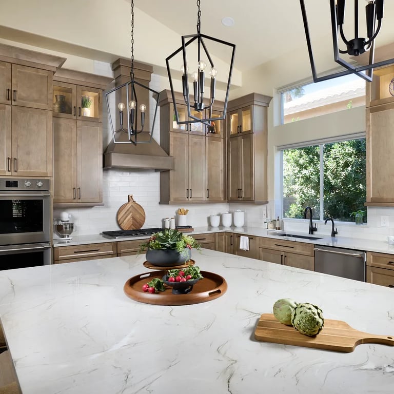 Mont Blanc Quartzite (island/counters) & Spark White Matte 3 x 12 (backsplash)