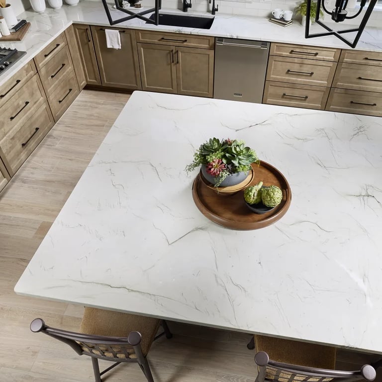 Mont Blanc Quartzite (island/counters), Spark White Matte 3 x 12 (backsplash) & BA-Almond 8 x 48 (floor)