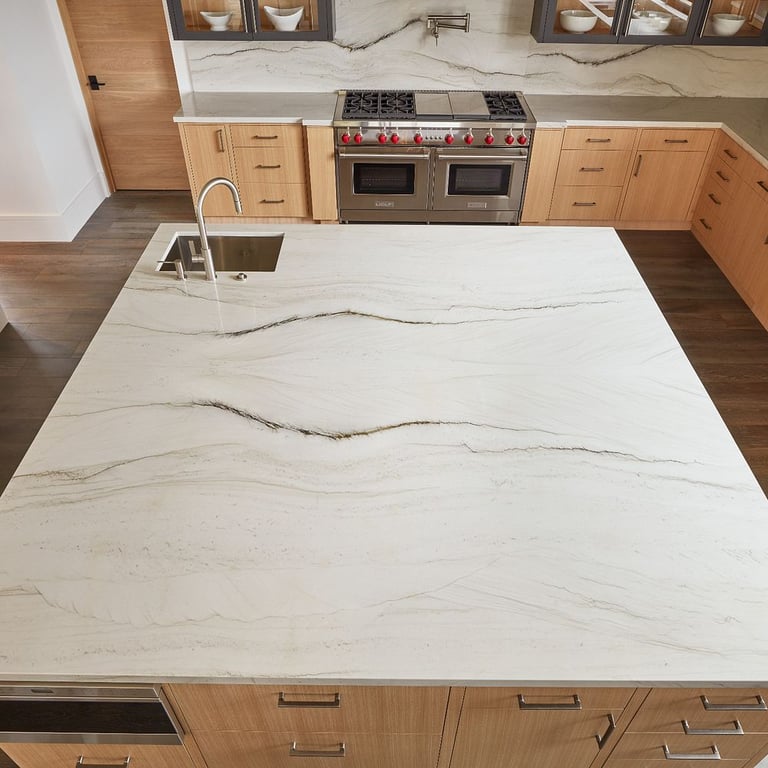 Mont Blanc Satin (bookmatched island, counters & backsplash)