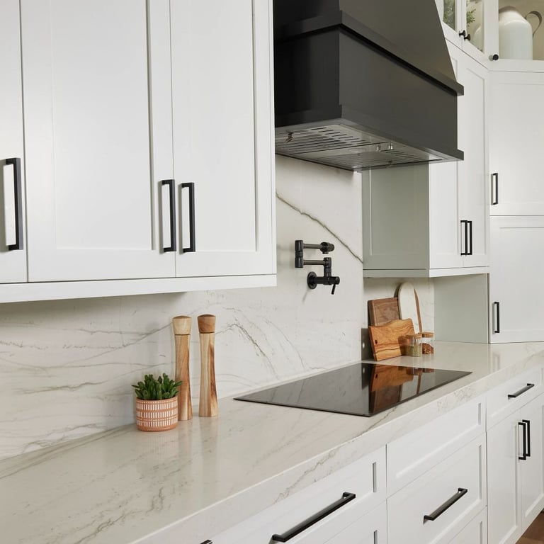 Mont Blanc Satin Quartzite countertop and backsplash in kitchen
