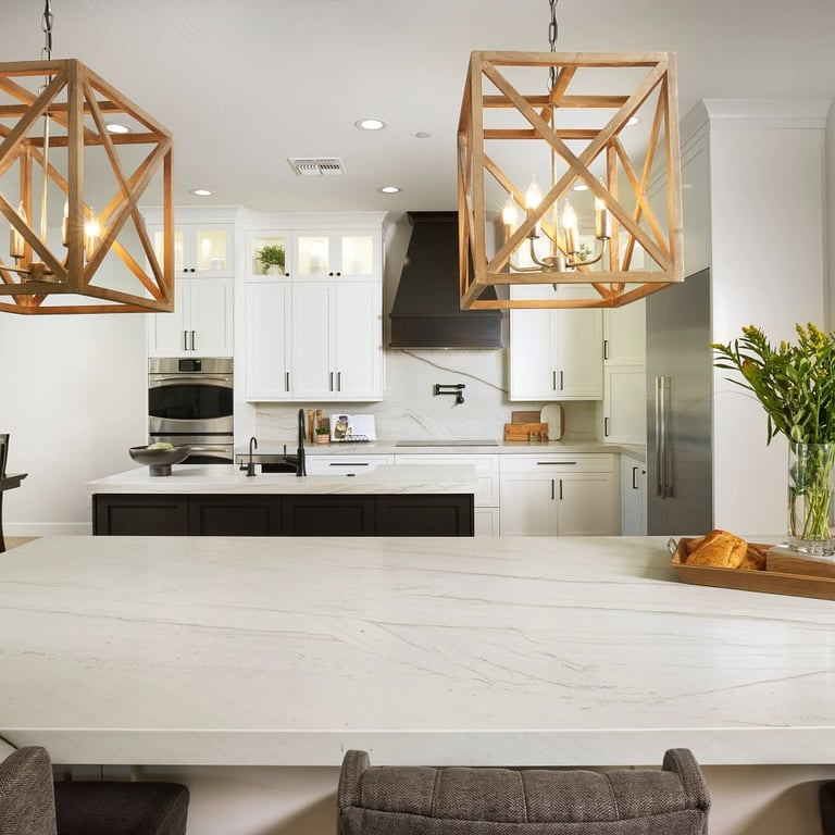 Mont Blanc Satin Quartzite in dining area with kitchen island, countertops, and backsplash.