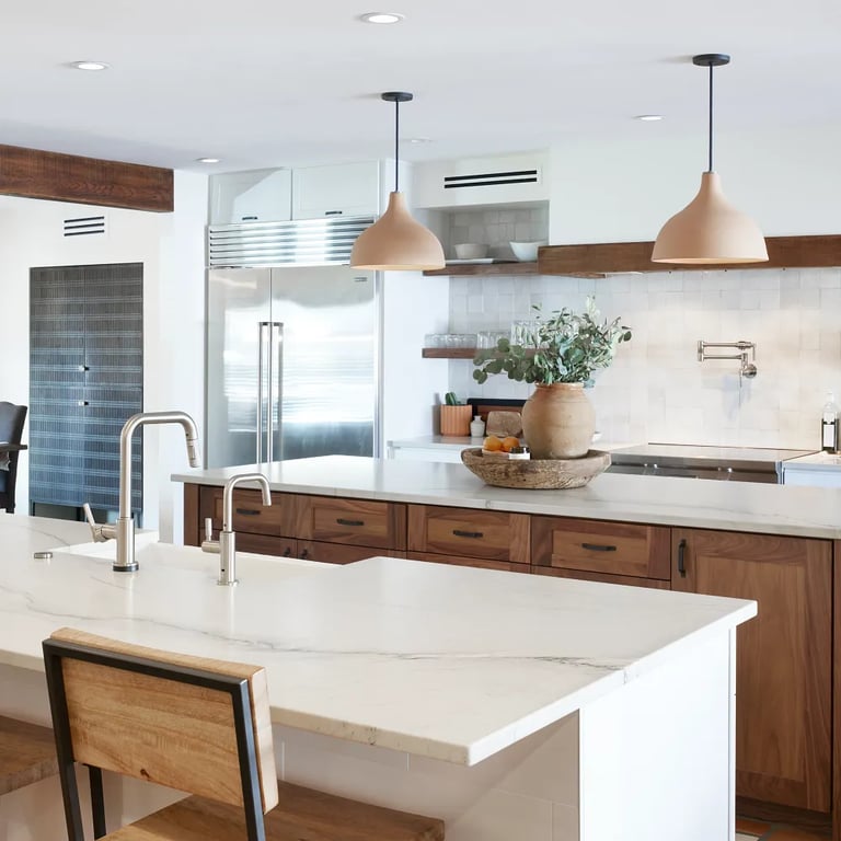 Mont Blanc Satin Quartzite on island and counters in southwest inspired kitchen.