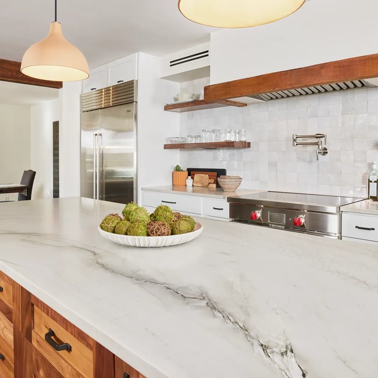 Mont Blanc Satin Quartzite on island and counters in kitchen.