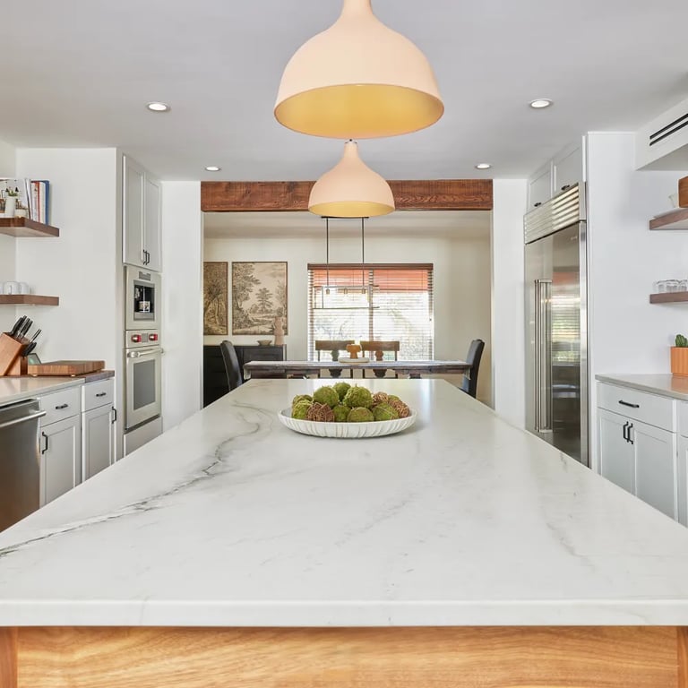 Mont Blanc Satin Quartzite on kitchen island and counters in kitchen.
