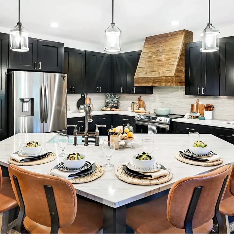 Mustang Quartzite on kitchen island and backsplash in kitchen.