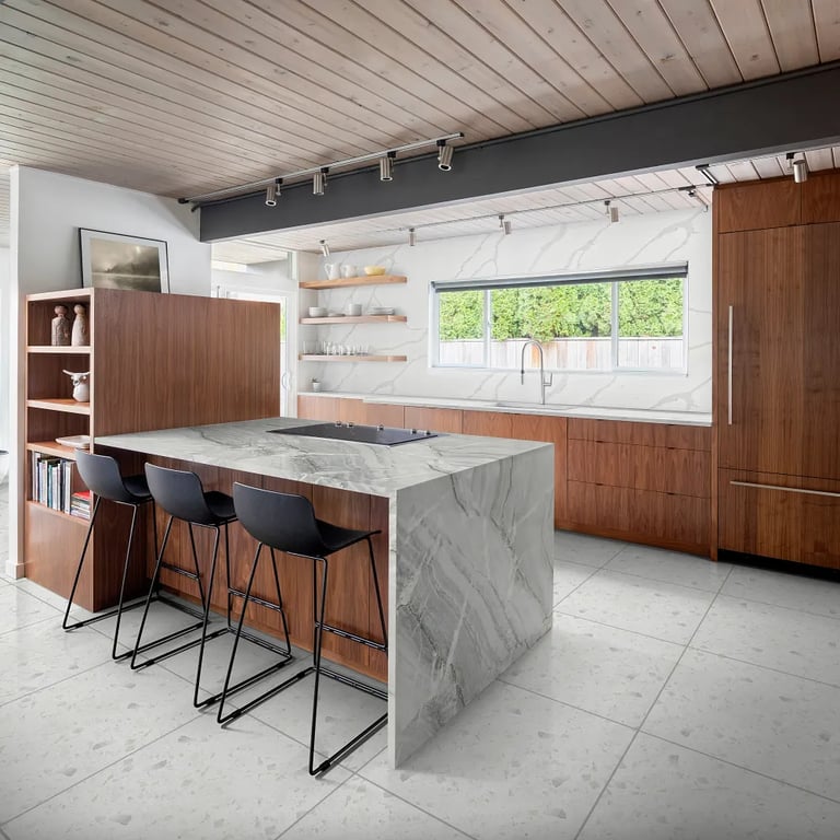 Nuage quartzite on countertop, Iceberg 24 x 24 agglomerate marble on floor & Calacatta Divine Quartz on backsplash/wall in kitchen.