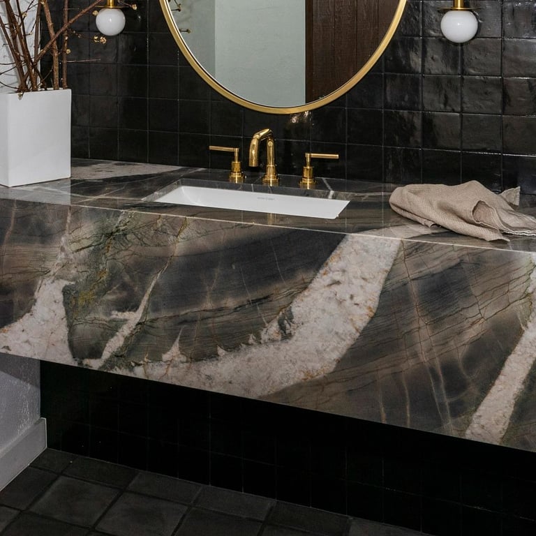 Paramount Quartzite vanity countertop in bathroom.