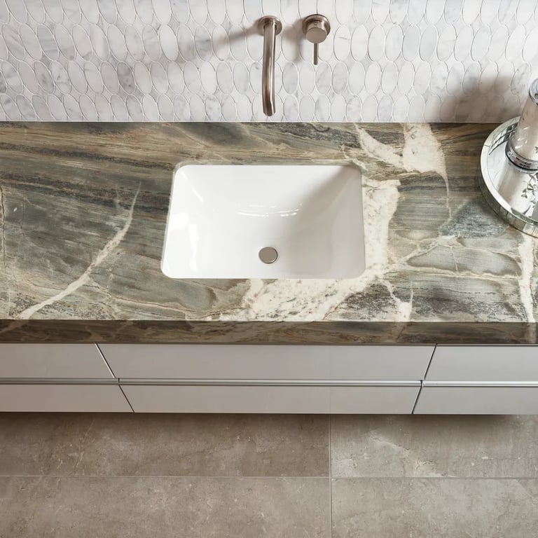 Paramount (vanity), CS-Calacatta Gris Honed Oval Mesh (backsplash) & Anthea Earth 24 x 48 (floor)