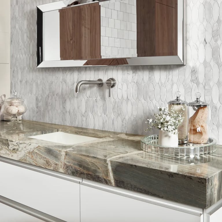 Paramount (vanity) & CS-Calacatta Gris Honed Oval Mesh (backsplash)