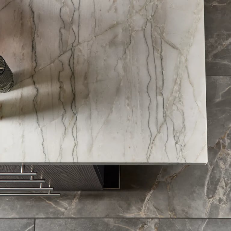 Perlato Taj Quartzite (island) & Marvel Fior Di Bosco Matte 24 x 48 (floor)