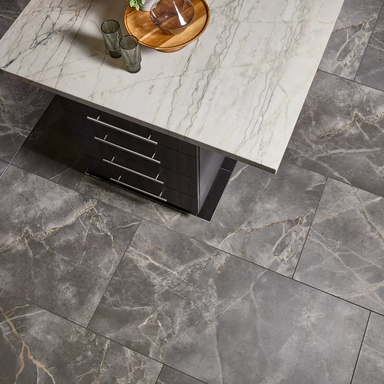 Perlato Taj Quartzite (island) & Marvel Fior Di Bosco Matte 24 x 48 (floor)