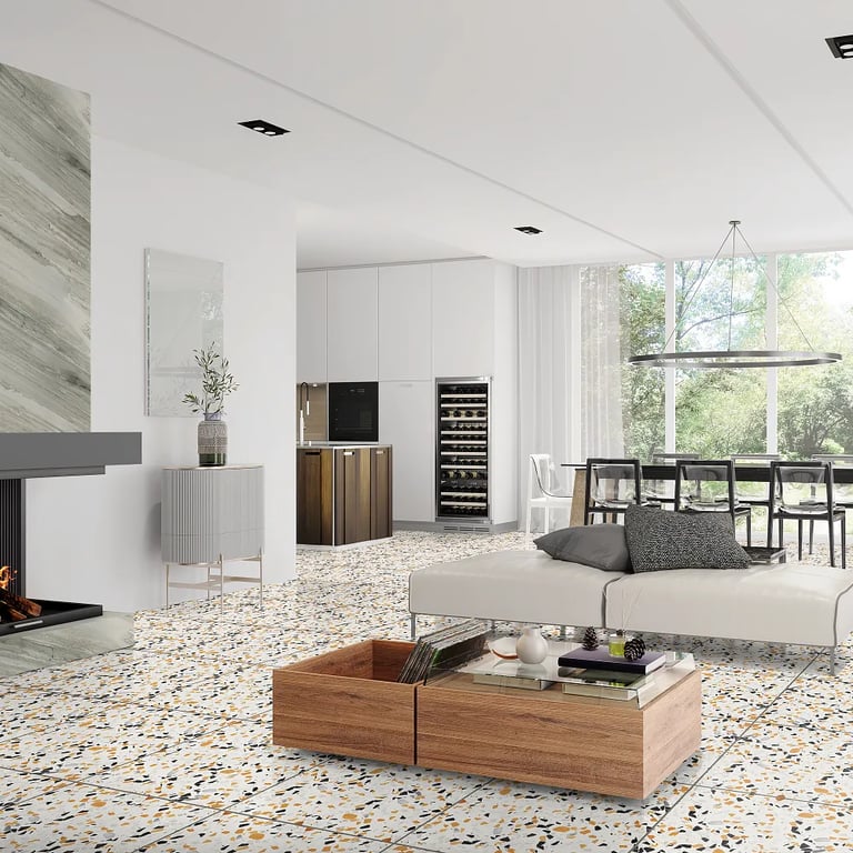 Polaris Quartzite on fireplace surround & Regium 24 x 24 Agglomerate Marble on floor in Mid-Century Modern living room.