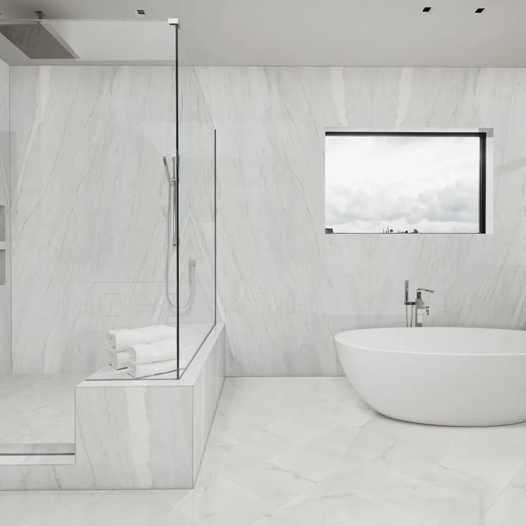 Poplar White (walls/bench), Marvel Calacatta Apuano Polished 12 x 24 (floor) & Marvel Calacatta Apuano Matte Small Hex 2-5/8 Mesh (showerpan)