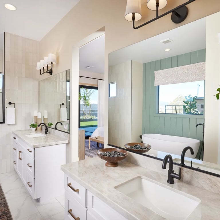 Taj Mahal (vanity), Flash Ivory 3 x 12 (wall) & Themar Venato Gold Matte 12 x 24