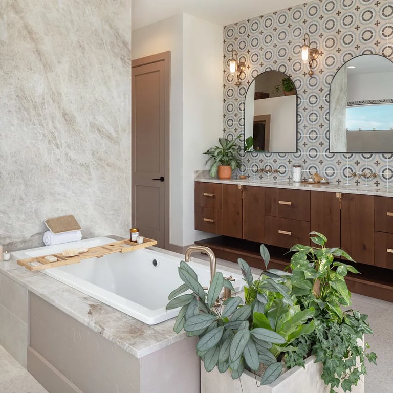 Taj Mahal Polished (vanity/tub surround/wall), Cementine Posa 1 - 8 x 8 (backsplash) & Terrazzo Cream 24 x 24 (floor)