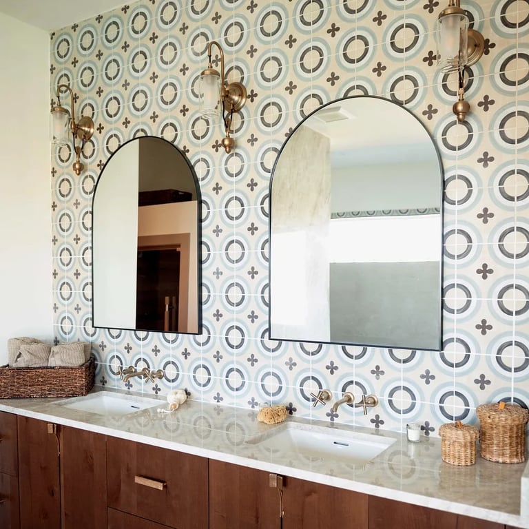 Taj Mahal Polished (vanity) & Cementine Posa 1 - 8 x 8 (backsplash)
