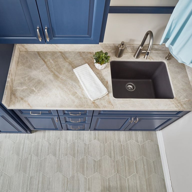 Taj Mahal Satin (counters) & Shibusa Grigio Hex 9 x 11 (floor)