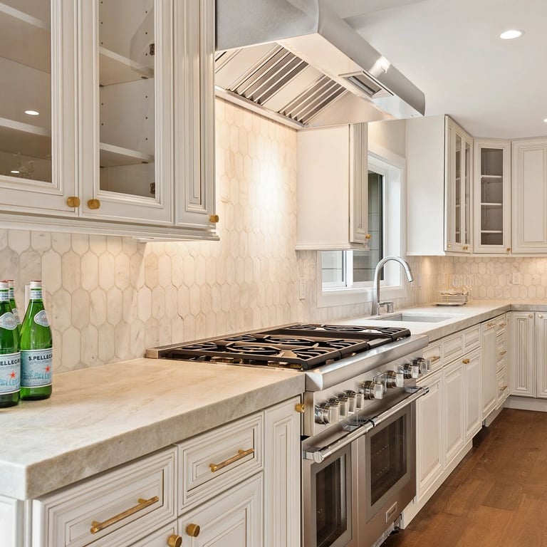 Taj Mahal Satin quartzite counters & CS-Calacatta Gris Honed Lotus marble mesh mount backsplash in kitchen